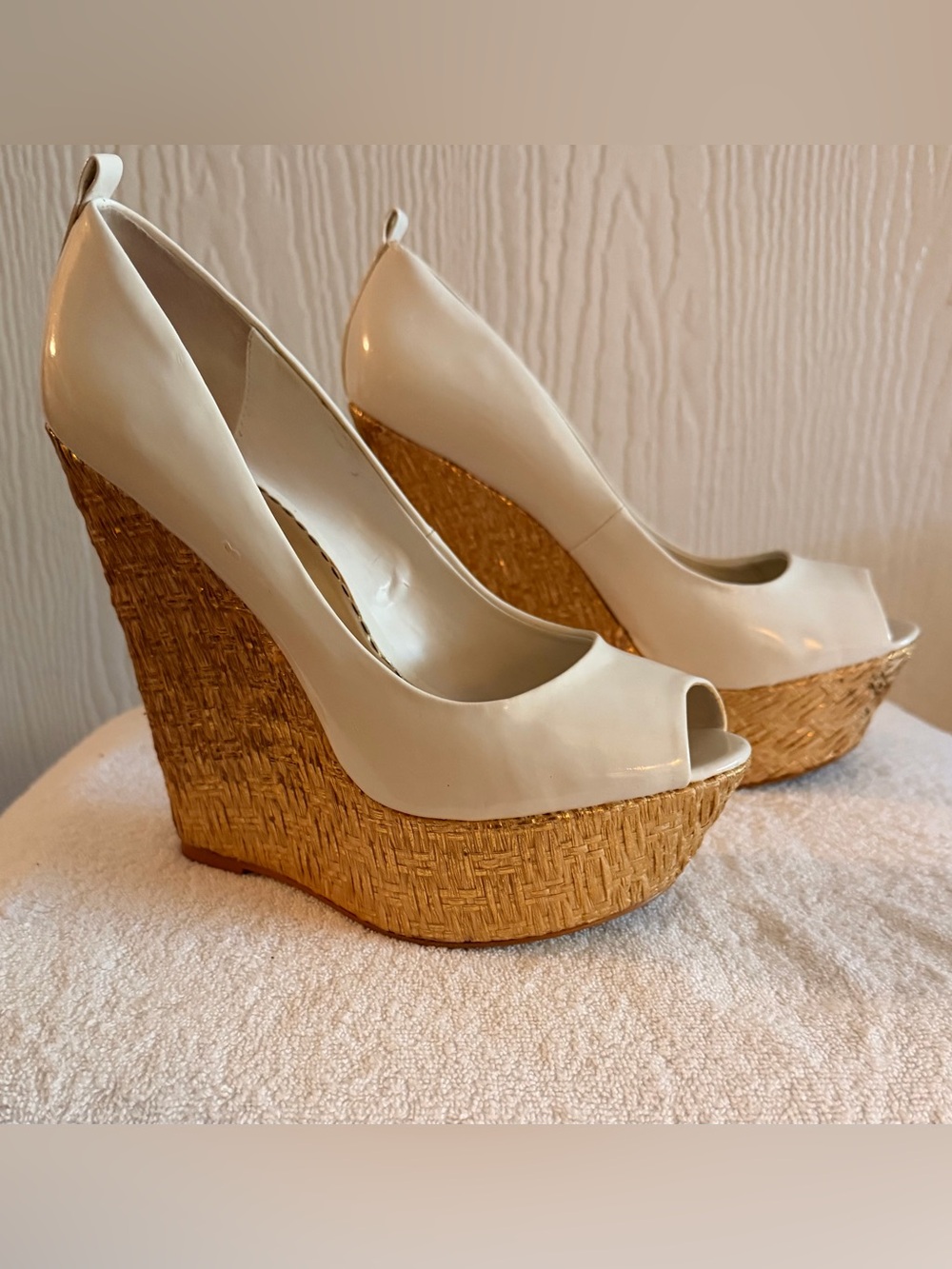 Bebe white Patent Peep-Toe Wedge Heels with Woven Platform